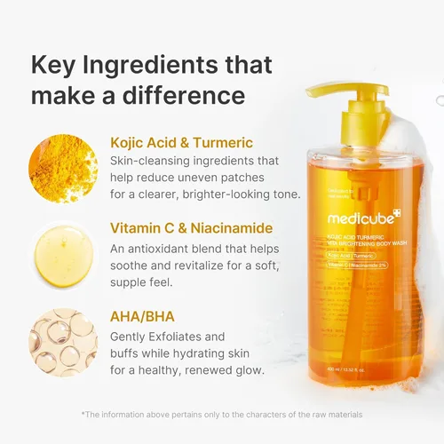 Vista 3 de medicube Jabón corporal iluminador de ácido kójico y cúrcuma Gel de ducha suave para piel irregular Niacinamida, vitamina C, AHA/BHA Fórmula