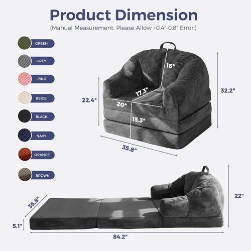 Vista 2 de MAXYOYO Sofá Cama Plegable con Respaldo, Sofá Cama Desplegable Sin Huesos con Asa, Sillón Puf Convertible 2 en 1 a Sofá Tumbona de Piso, Cómodo Sofá
