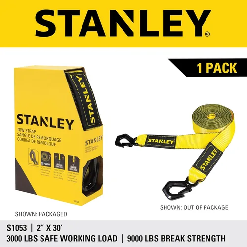 Vista 7 de STANLEY S1053 Correa de remolque resistente de 2 pulgadas x 30 pies con ganchos de acero forjado negro, carga de trabajo segura de 3,000