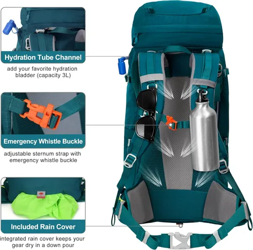 Vista 4 de N NEVO RHINO - Mochila de senderismo con marco interno 50, 60, 65, 70 y 80 L, mochila impermeable para escalar, camping, con cubierta de lluvia