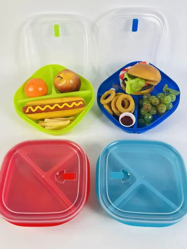 Vista 5 de Juego de 4 recipientes de almacenamiento de alimentos para microondas, caja de preparación de comidas, cajas Bento - 3 secciones / compartimentos