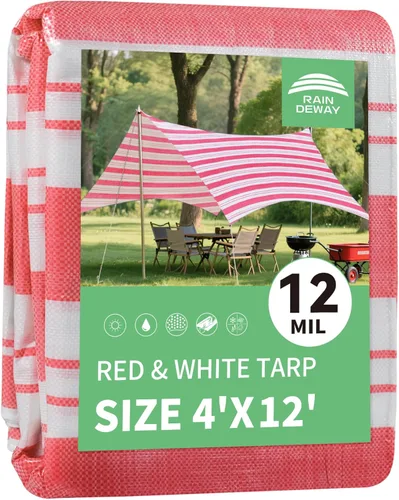 Vista 22 de RAINDEWAY Lonas de 4x8 pies, lona multiusos de poliéster a rayas de 12 mil, impermeable, con ojales y bordes reforzados, lonas rojas/blancas