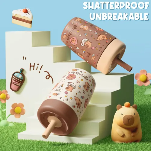 Vista 6 de Fimibuke Vasos para niños y niños pequeños, a prueba de derrames, 12 onzas, con aislamiento Capybara, vaso de paja para niños pequeños, botella