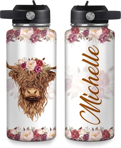 Hyturtle Botella de agua personalizada de vaca Highland, botella de acero inoxidable aislada con tapa a prueba de fugas, 18 onzas, 32 onzas, regalo