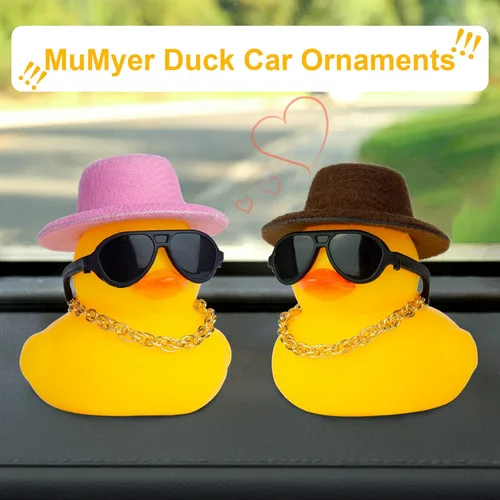 Vista 7 de Adornos de pato de goma para tablero de automóvil, decoración de tablero de automóvil, accesorios de decoración con mini sombrero, collar de anillo