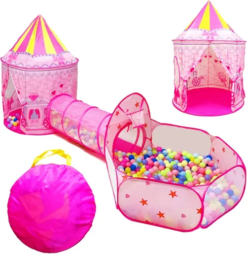 Vista 9 de Tienda de campaña de 3 piezas de princesa de cuento de hadas para niños, túnel de gateo en cubos, pozo de pelotas para niños pequeños, castillo