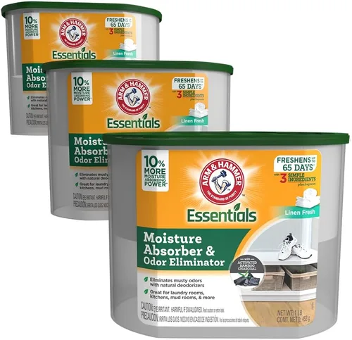 Arm & Hammer Essentials - Recipiente desechable absorbente de humedad y eliminador de olores, Frescura de Lino, 1 libra, paquete de 3, atrae y