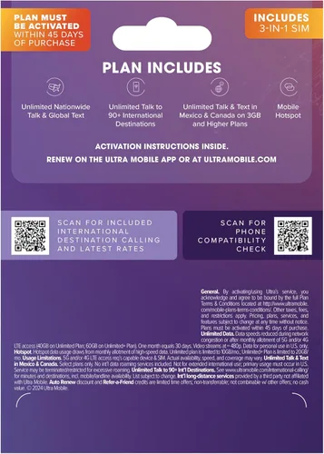 Vista 6 de $49/mes. Plan telefónico prepago Ultra Mobile con llamadas, mensajes de texto y datos ilimitados durante 1 mes (kit de tarjeta SIM 3 en 1)