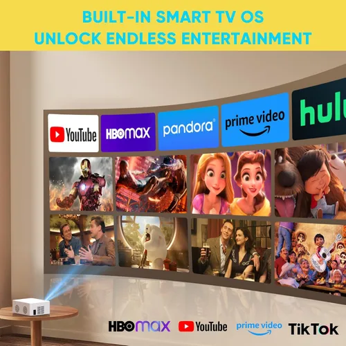 Vista 2 de 【2025 Aplicaciones integradas】PURSHE Proyector Mini Inteligente con WIFI y Bluetooth, Proyector de Película al Aire Libre Portátil Full HD 1080P