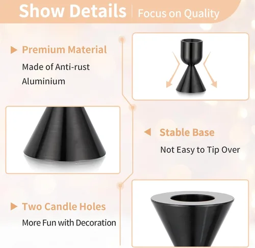 Vista 5 de NUPTIO Candelabro de palillo de vela: 6 piezas de candelabros cónicos negros para centro de mesa, candelabros cónicos de aluminio pequeño vintage
