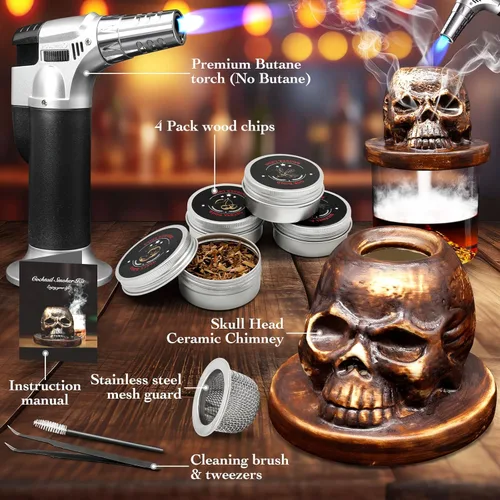 Vista 2 de Old Fashioned Smoker Kit, Whiskey Bourbon Cocktail Smoker Kit With 4 Flavored Wood Chips, Torch (No Butane) Smoke Top Cocktail Bar Kit, Gift for