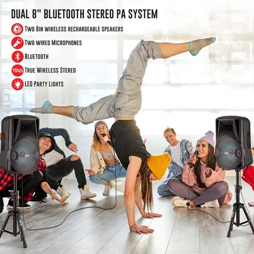 Vista 6 de QFX PBX-800TWS Sistema PA estéreo TWS Bluetooth de 8 pulgadas con 2 altavoces de 8 pulgadas, 2 micrófonos, 2 soportes y un control remoto