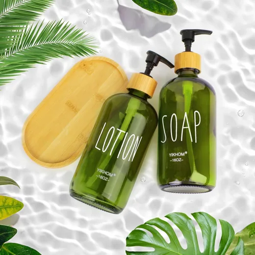 Vista 5 de YIKHOM Crystal Glass 16 oz Hand Soap & Liquid Dish Soap Dispenser for Kitchen - Bathroom Soap Dispenser with Bamboo Pump for Soap, Lotion (Green)