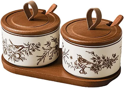 Vista 4 de Ceramics Retro Fowers - Tarros para condimentos con tapa y cuchara, 7.44 onzas