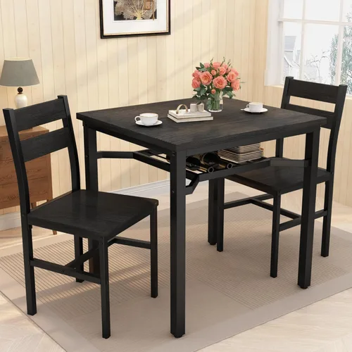 Vista 8 de Hooseng juego de mesa de comedor de 3 piezas para 2, pequeña mesa de cocina de madera con almacenamiento, juego de comedor cuadrado de estilo granja
