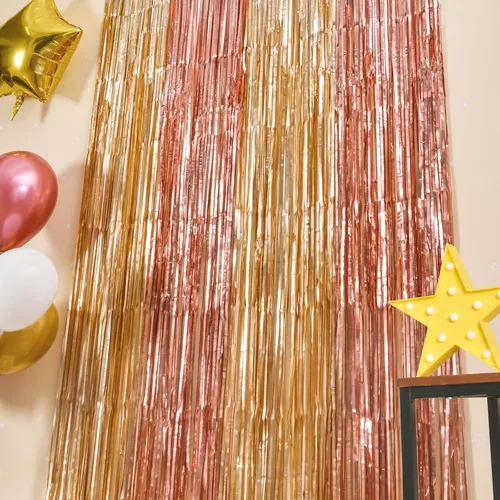Vista 3 de LOLStar Paquete de 2 decoraciones de cumpleaños de oro rosa, cortinas de flecos de papel de aluminio rosa y dorado, cortinas de flecos de papel