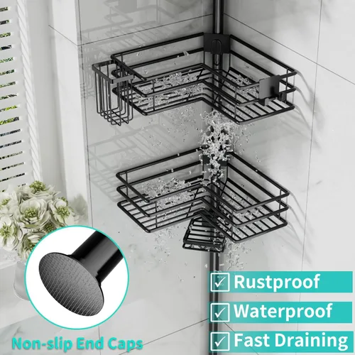 Vista 5 de HapiRm Corner Shower Caddy Organizer - Shower Organizer Corner with Soap Holder, Toothbrush Holder and 4 Hooks, Rustproof Bathroom Shelf Tension