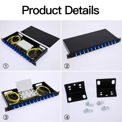 Vista 3 de GESD Caja de montaje en rack LC-OS1 de 12 puertos dúplex de 24 puertos + bandejas de empalme de cables de fibra Kit LC-UPC monomodo