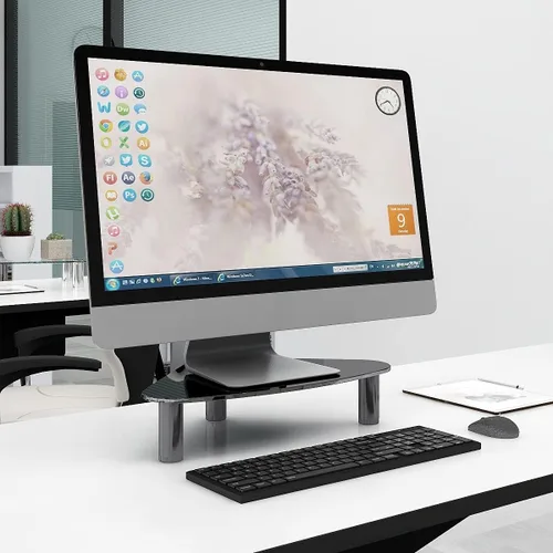 Vista 3 de Hemudu Vidrio templado para elevar monitor de computadora/Soporte de esquina de escritorio triangular que ahorra espacio para monitor de computadora