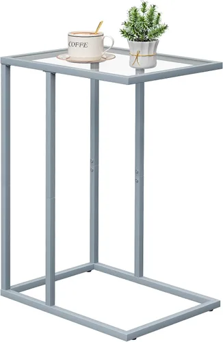 Vista 15 de Mesa auxiliar de cristal en C, mesa auxiliar para sofá, mesa auxiliar de vidrio templado con marco de metal, mesa de bandeja de TV para espacio Negro