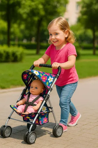 Vista 6 de fash n kolor El juego de 4 piezas para muñeca de bebé, diseño de flores, incluye paquete plegable y juego, cochecito de muñeca de bebé, silla alta