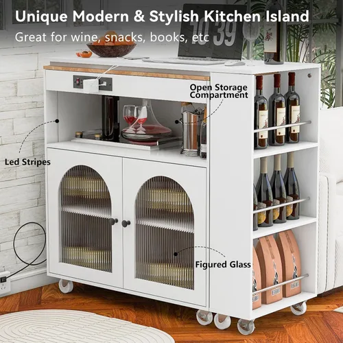 Vista 22 de LUMISOL Carrito de isla de cocina con ruedas de bloqueo con 2 cajones y 4 gabinetes, isla de cocina rodante con estantes ajustables, mesa de madera