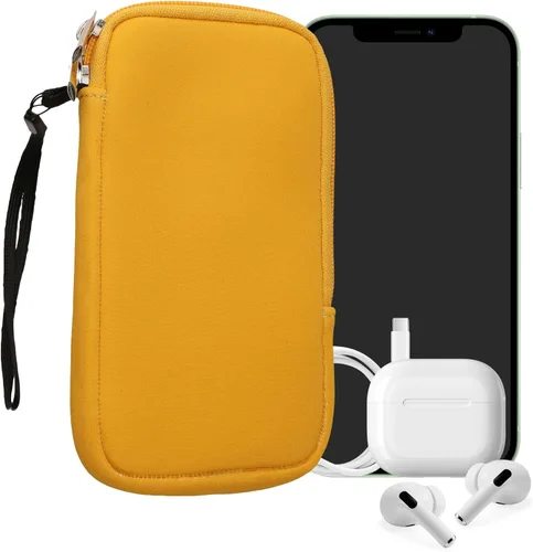 Vista 37 de kwmobile Bolsa de neopreno para teléfono tamaño XL - 6.7/6.8 pulgadas - Funda universal para celular con cremallera, correa para la muñeca, amarillo