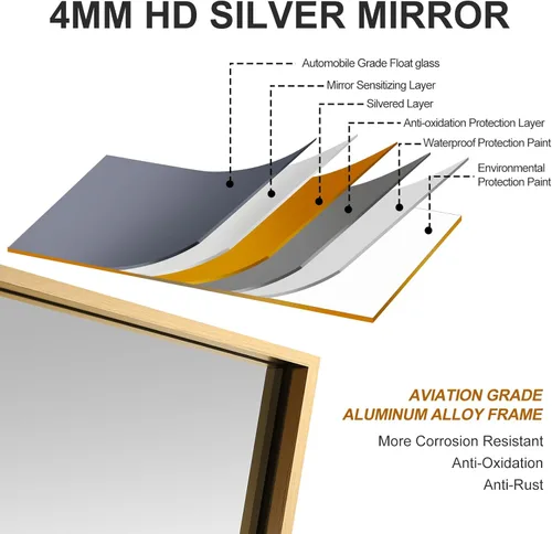 Vista 7 de Espejo de baño dorado de 27 x 36 pulgadas, sin cobre, espejo de tocador con marco de aleación de aluminio, espejo rectangular montado en la pared