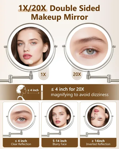 Vista 3 de DECLUTTR Espejo de maquillaje iluminado montado en la pared de 9 pulgadas, espejo de aumento recargable 1X/20X con luz de doble cara, luz táctil