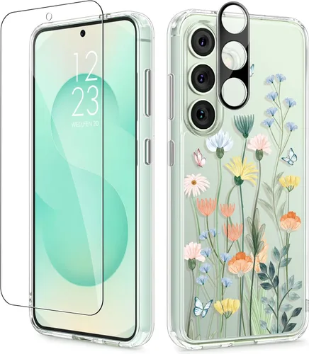 Vista 109 de GVIEWIN Funda protectora para Samsung Galaxy S25, transparente floral, delgada, a prueba de golpes, para mujer, no se pone amarilla, con protector