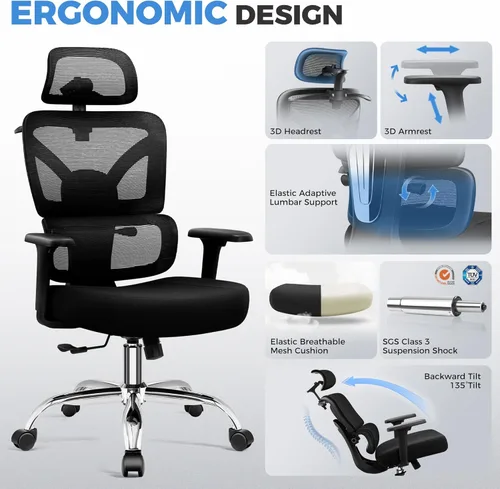 Vista 9 de Silla ergonómica de escritorio de oficina, silla de oficina de malla de respaldo alto con soporte lumbar ajustable, reposacabezas 3D, sillas de Negro