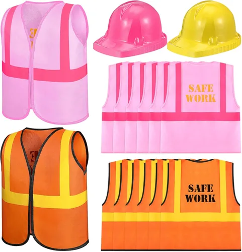 Vista 8 de SATINIOR 24 Pcs Construction Birthday Party Supplies Kid Construction Hat and Vest Worker Costume Kids Role Play Dressing up