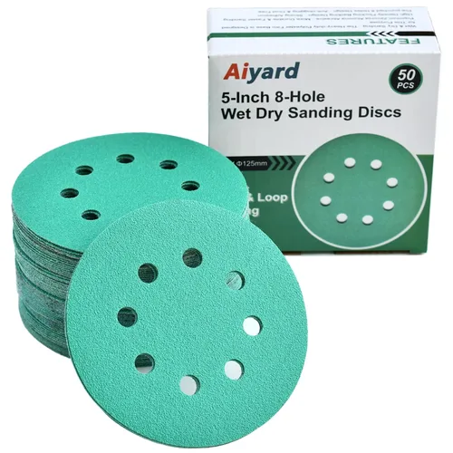 Vista 16 de Discos de Lijado Húmedo y Seco de 5 Pulgadas de 8 Agujeros 80/120/180/220/320 Granos Surtidos, Papel de Lijado de Gancho y Bucle de Película