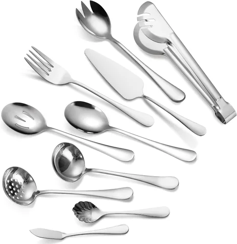 Vista 15 de Juego de Utensilios para Servir de 11 Piezas de Acero Inoxidable Cubiertos Modernos para Servidor Todo Metal Herramientas de Cocina Cuchara Sólida