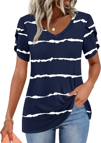 Vista 25 de CATHY 2025 - Blusas de verano para mujer, con mangas cortas, cuello en V, estilo túnica, tallas S-4XL Talla B