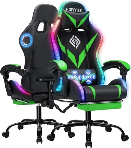 Vista 15 de Silla de juegos con altavoces Bluetooth y luces LED RGB, silla ergonómica de masaje para computadora con reposapiés, silla de videojuegos, respaldo