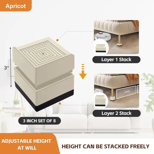 Vista 3 de Elevador de Cama, Bloques de Elevación de Muebles, Estabilizadores de 3 Pulgadas de Alta Resistencia para Cama, Sofá, Escritorio, Mesa, Soporte