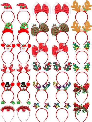 Vista 9 de HOVACY 16 PCS diademas de Navidad, 16 estilos de diademas navideñas rojas, lindas bandas para el cabello con corbata de moño navideña, sombrero