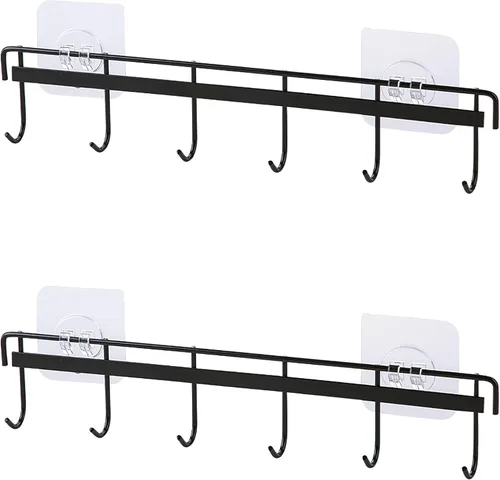Paquete de 2 ganchos de pared para colgar abrigos, sombreros, estante negro con 6 ganchos para tazas de café y tazas, soporte para llaves, soporte