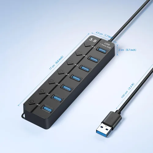 Vista 7 de ONFINIO Hub USB 3.0, divisor de concentrador USB de 7 puertos con interruptores individuales de encendido/apagado y luces, cable de 3.2 pies/1m