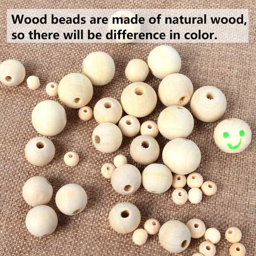 Vista 5 de 150 cuentas de madera de 0.555 pulgadas (0.551 in) redondas sin terminar naturales, cuentas sueltas de madera espaciadoras para manualidades