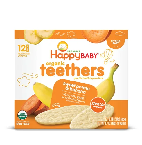 Happy Baby Mordedores orgánicos, plátano y batata, obleas de dentición suaves, paquetes, galletas de arroz calmantes para bebés de dentición, 2