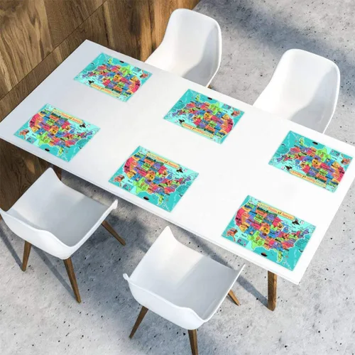 Vista 6 de Juego de 6 manteles individuales para mesa de comedor con diseño de mapa de América de dibujos animados (lavables)