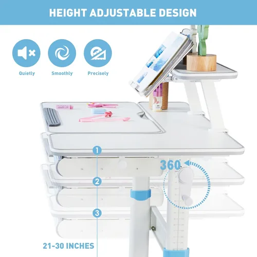 Vista 5 de COSVALVE Escritorio ajustable para niños con cajón, mesa de estudio ergonómica multifunción de 39 pulgadas de ancho con estante, escritorio Azul