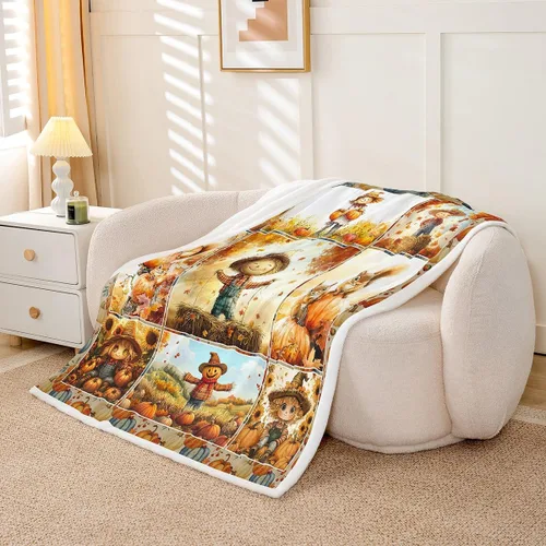 Vista 4 de Fall Scarecrow Throw Blanket,Retro Autumn Pumpinks Squirrel Bed Plush Blanket for Living Room Decor,Rustic Farmhouse Sunflowers Couch Bed Sofa Soft