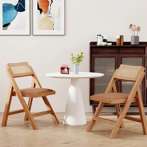 Vista 2 de Juego de 2 sillas de comedor plegables de cocina, sillas de mesa de ratán modernas con silla plegable de cuero de roble para sala de lectura, boda