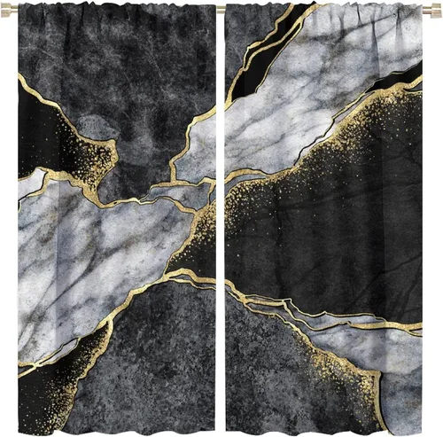 Vista 12 de Cortinas abstractas de mármol de lujo de lujo azul marino dorado a rayas con patrón de mármol estampado para dormitorio, sala de estar, cortinas