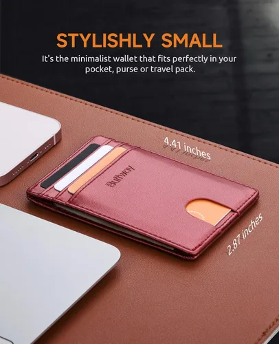 Vista 6 de Buffway Billetera delgada para hombre, minimalista con bolsillo frontal delgado, tarjetero de cuero con bloqueo RFID para viajes de trabajo