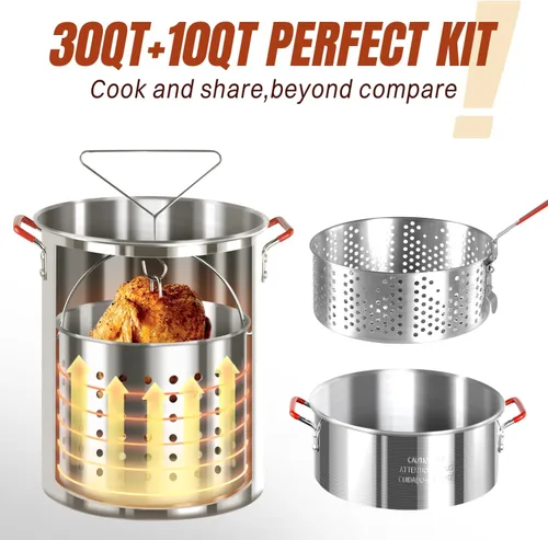 Vista 2 de Kit de freidora de pavo de 30QT y freidora de pescado de 10QT de Hidpriva, cubierta impermeable y escumador de 30,5 cm, estufa de quemador