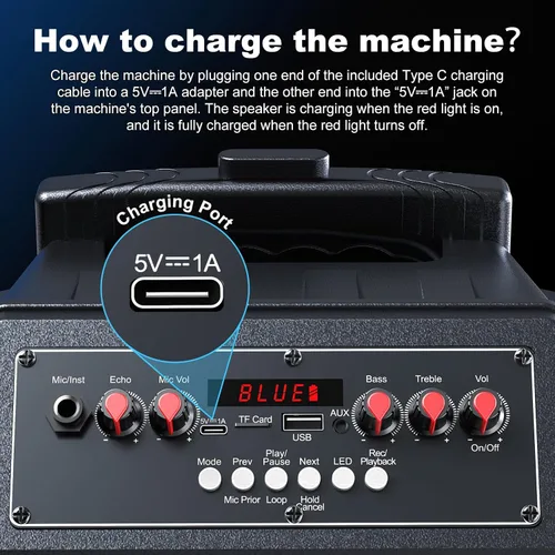 Vista 4 de Máquina de karaoke con 2 micrófonos inalámbricos, ruedas giratorias y carrito – Altavoz Bluetooth portátil de 8800 mAh, sistema PA con luces, graves